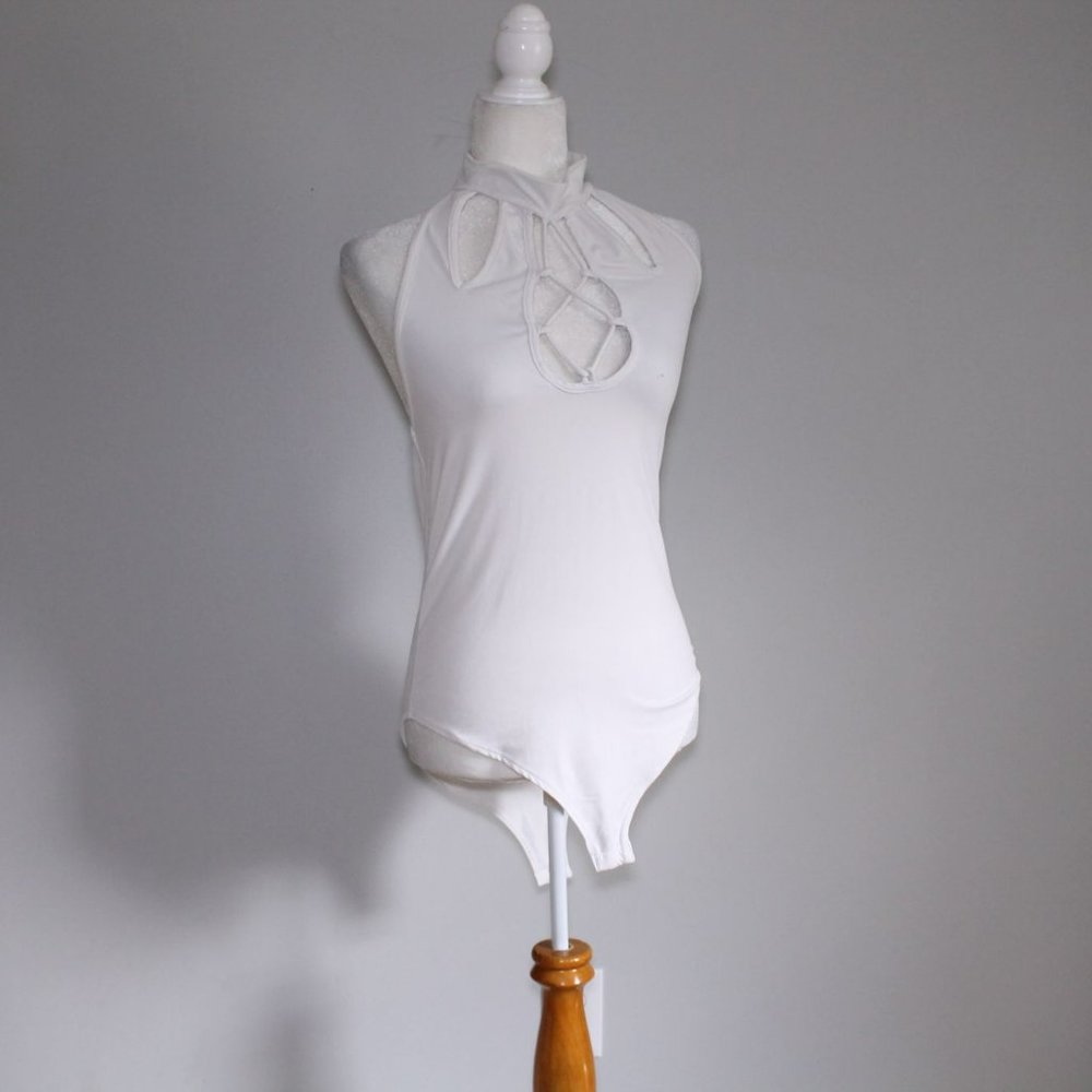Gage White Crisscross Halter Style Bodysuit L
